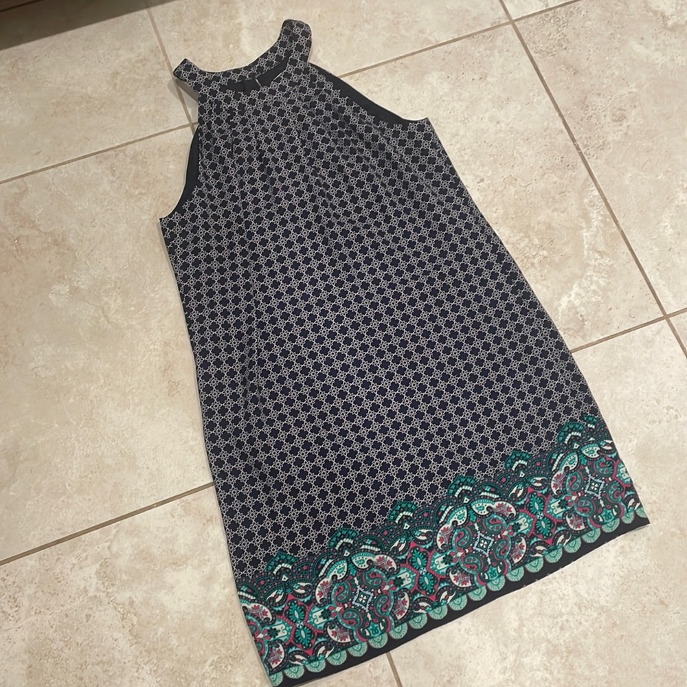 Skies Are Blue Navy Patterned Midi Dress with Teal Border